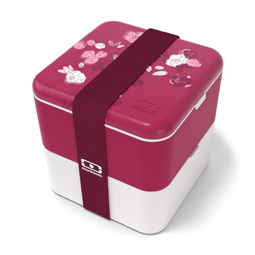 monbento - MB Square Graphic Magnolia Lunchbox – Große luftdichte Bento-Box mit 2 Fächern – ideal für Arbeit/Picknick – BPA-frei und langlebig – hergestellt in Frankreich – Motiv: Blumen, Rosa und von monbento
