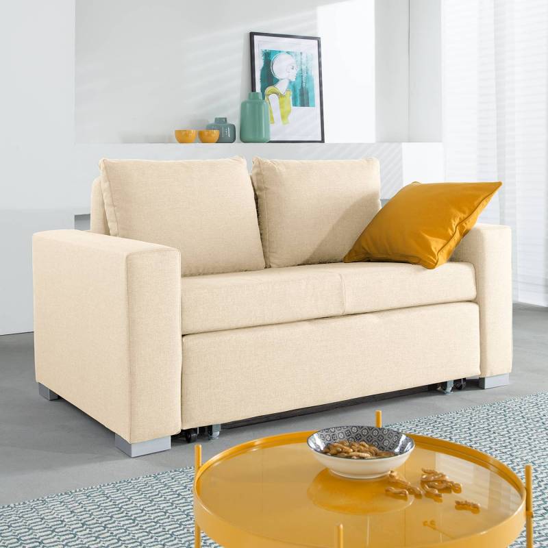 mooved Schlafsofa Latina 2-Sitzer Creme Webstoff 150x90x90 cm (BxHxT) mit Schlaffunktion/Bettkasten Modern von Mørteens