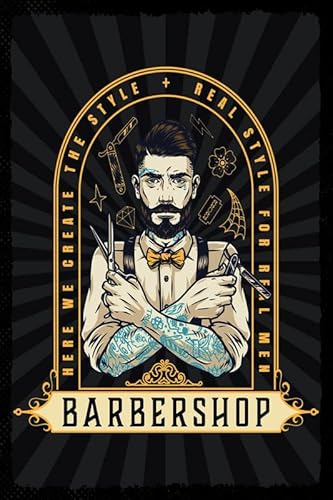 mrdeco Metall Schild 20x30cm gewölbt Barbershop Here we greate Style Deko Blechschild Tin Sign von mrdeco