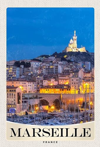 mrdeco Metall Schild 20x30cm gewölbt Marseille Frankreich Kirche Nacht Deko Blechschild Tin Sign von mrdeco