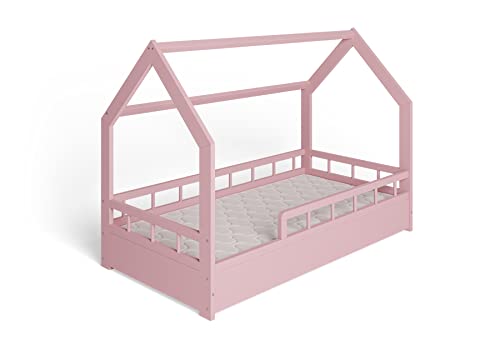 ms factory Hausbett Kinderbett 80x160 cm mit Rausfallschutz und Lattenrost - Einzelbett aus Kiefernholz für Mädchen und Junge - Rosa von ms factory