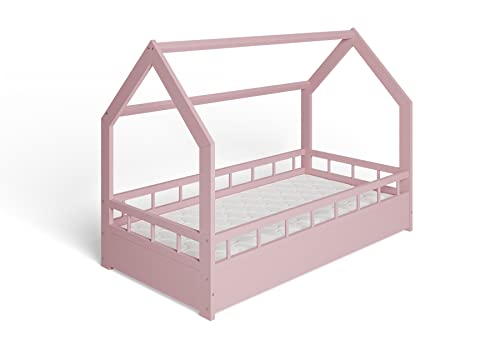 ms factory Hausbett Kinderbett 80x160 cm mit Rausfallschutz und Lattenrost - Einzelbett aus Kiefernholz für Mädchen und Junge - Rosa von ms factory