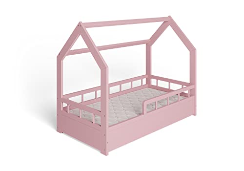 ms factory Hausbett mit Matratze Kinderbett 70x140 cm mit Rausfallschutz und Lattenrost - Einzelbett aus Kiefernholz für Mädchen und Junge - Rosa von ms factory