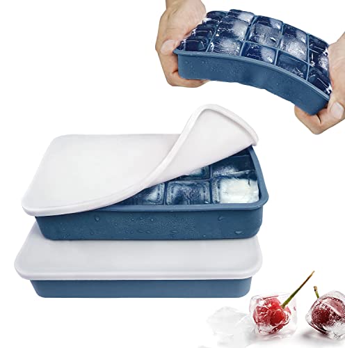 Eiswürfelform Silikon Eiswürfelbehälter mit Deckel 15-Fach 3cm Quadratische Eiswürfel Ice Cube Tray für Whisky, Cocktails Blau, 2 Stück von muenfly