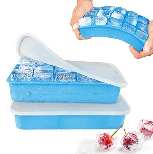Eiswürfelform Silikon Eiswürfelbehälter mit Deckel 15-Fach 3cm Quadratische Eiswürfel Ice Cube Tray für Whisky, Cocktails Himmelblau, 2 Stück von muenfly