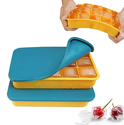 Eiswürfelform Silikon Eiswürfelbehälter mit Deckel 15-Fach 3cm Quadratische Eiswürfel Ice Cube Tray für Whisky, Cocktails Marineblau Gelb, 2 Stück von muenfly