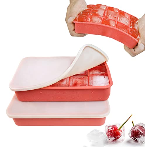 Eiswürfelform Silikon Eiswürfelbehälter mit Deckel 15-Fach 3cm Quadratische Eiswürfel Ice Cube Tray für Whisky, Cocktails Rot, 2 Stück von muenfly