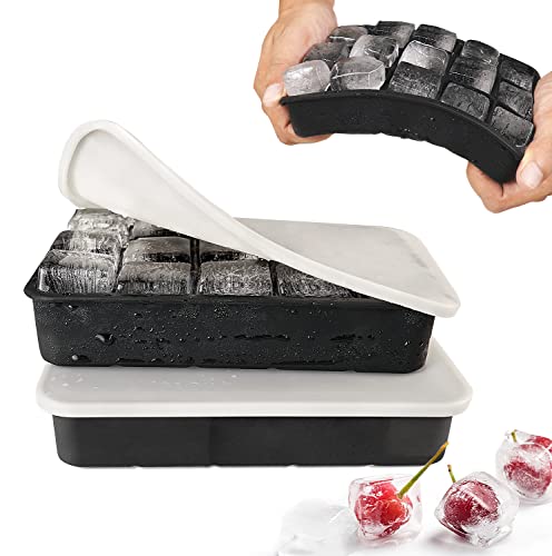 Eiswürfelform Silikon Eiswürfelbehälter mit Deckel 15-Fach 3cm Quadratische Eiswürfel Ice Cube Tray für Whisky, Cocktails Schwarz, 2 Stück von muenfly