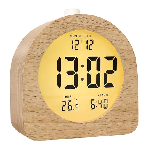 muenfly Wecker Digital Holz, Uhr mit Temperaturanzeige LED Tischuhr Batteriebetriebe Alarm Clock Snooze für Schlafzimmer, Büro (3×AAA-Batterie erforderlich) von muenfly