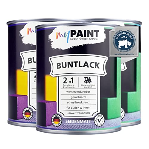 myPaint 2in1 Buntlack Seidenmatt (2,25L Silber/Silver) – Wetterfeste Holzfarbe Holzlack Küchenmöbellack. Getrocknet auch für Kinderspielzeug. Schnelltrocknend, Für Innen Außen von myPAINT FARBEN FÜR DEIN ZUHAUSE