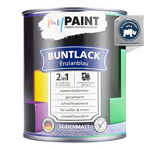 myPaint 2in1 Buntlack Seidenmatt (750ml Enzianblau/Blau RAL 5010) – Wetterfeste Holzfarbe Holzlack Küchenmöbellack. Getrocknet auch für Kinderspielzeug. Schnelltrocknend, Für Innen Außen von myPAINT FARBEN FÜR DEIN ZUHAUSE