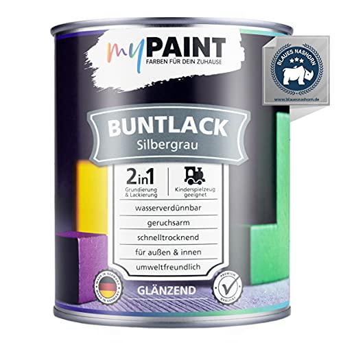 myPaint 2in1 Buntlack Glänzend (750ml Silbergrau/Grau RAL 7001) – Wetterfeste Holzfarbe Holzlack & Küchenmöbellack. Getrocknet sicher für Kinderspielzeug. Für Innen & Außen von myPAINT FARBEN FÜR DEIN ZUHAUSE