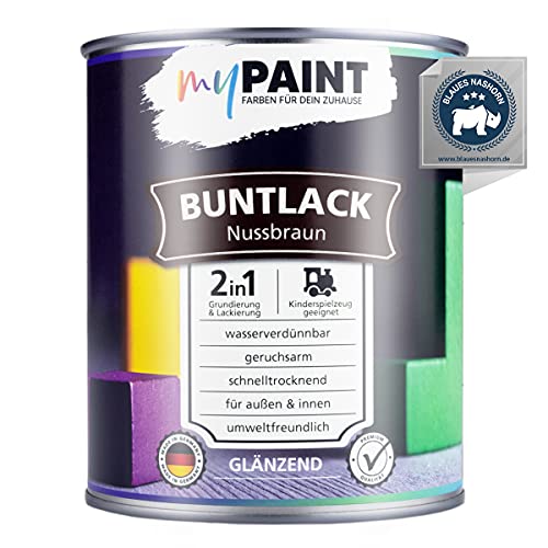 myPaint 2in1 Buntlack Glänzend (750ml Nussbraun/Braun RAL 8011) – Wetterfeste Holzfarbe Holzlack & Küchenmöbellack. Getrocknet sicher für Kinderspielzeug. Für Innen & Außen von myPAINT FARBEN FÜR DEIN ZUHAUSE