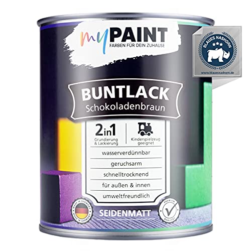 myPaint 2in1 Buntlack Seidenmatt (750ml Schokoladenbraun / Braun RAL 8017) – Wetterfeste Holzfarbe Holzlack Küchenmöbellack. Getrocknet auch f. Kinderspielzeug. Schnelltrocknend, Innen Außen von myPAINT FARBEN FÜR DEIN ZUHAUSE