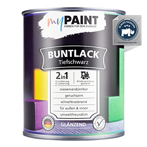 myPaint 2in1 Buntlack Glänzend (750ml Tiefschwarz / Schwarz RAL 9005) – Wetterfeste Holzfarbe Holzlack & Küchenmöbellack. Getrocknet sicher für Kinderspielzeug. Für Innen & Außen von myPAINT FARBEN FÜR DEIN ZUHAUSE