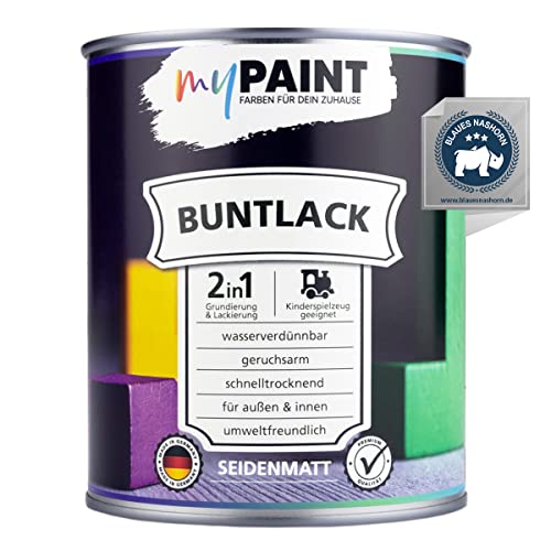 myPaint 2in1 Buntlack Seidenmatt (750ml Silber / Silver) – Wetterfeste Holzfarbe Holzlack Küchenmöbellack. Getrocknet auch für Kinderspielzeug. Schnelltrocknend, Für Innen Außen von myPAINT FARBEN FÜR DEIN ZUHAUSE