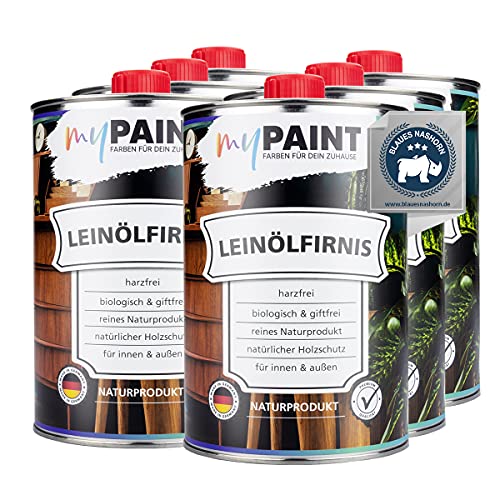 myPAINT® biologisches Leinölfirnis (6x1 Liter, seidenglänzend) schützendes Holz ÖL für Innen und Außen - pflegendes Holzöl aussen - Made in Germany von myPAINT FARBEN FÜR DEIN ZUHAUSE