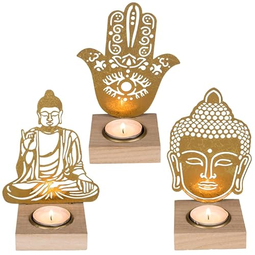3er Set Teelichthalter Buddha für Mediation und Entspannung aus Metall mit Holzfuss von mygoodtime