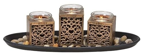 Deko Holz-Tablett mit 3 Teelichthaltern Vintage aus Glas und Holz mit Steinen im Geschenkkarton (Schwarz Gold) von mygoodtime