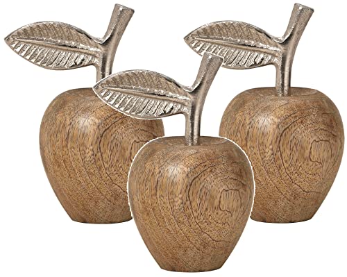 mygoodtime Deko Apfel Figur Holz Metall elegant Mangoholz rund Skulptur Höhe 11cm (3 Stück Braun Silber) von mygoodtime