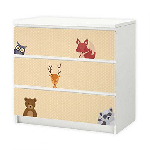 nikima - 014 Möbelfolie für IKEA MALM - Waldtiere 2 Punkte - 3 Schubladen Aufkleber Sticker Klebefolie (Möbel nicht inklusive) von nikima Schönes für Kinder