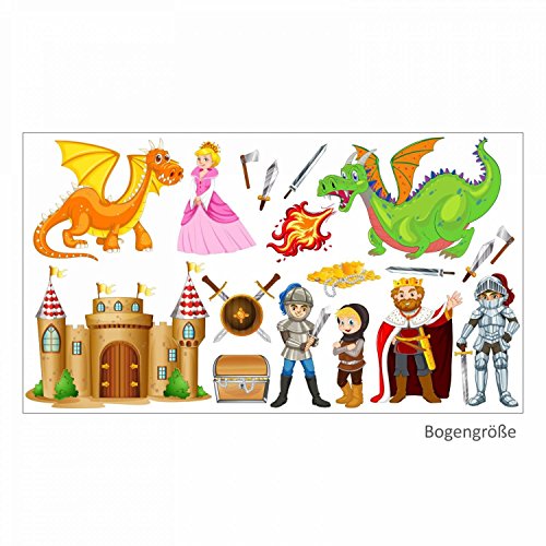 nikima Schönes für Kinder 009 Wandtattoo Ritter mit Drachen Burg Prinzessin - in 6 Größen - Kinderzimmer Sticker Babyzimmer Wandaufkleber Wandsticker Wanddeko Wandbild Junge - Größe 1250 x 700 mm von nikima Schönes für Kinder