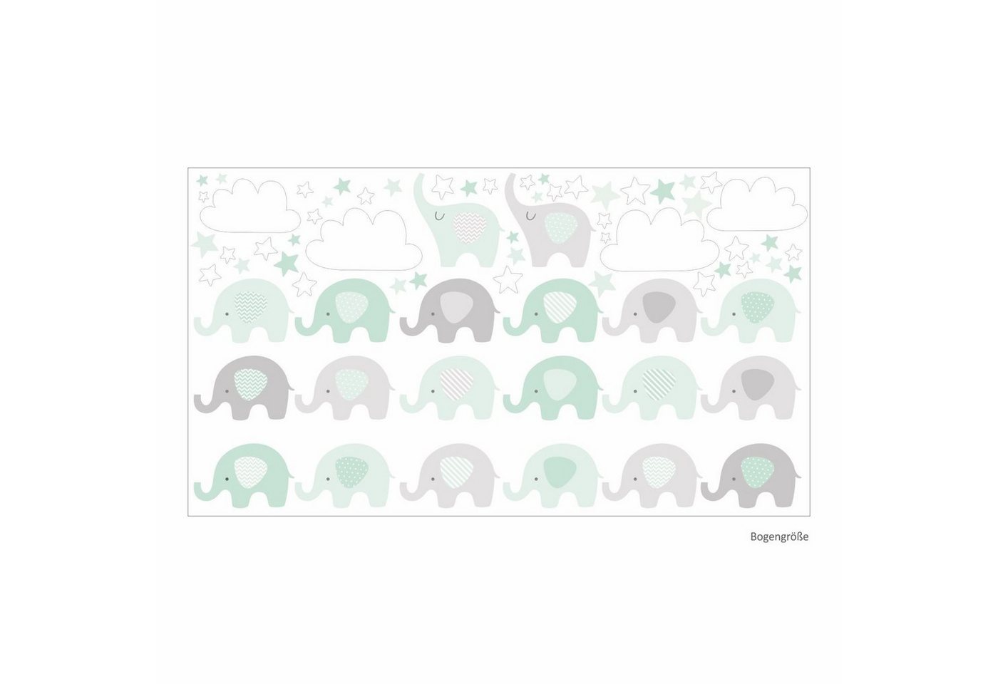 nikima Wandtattoo 165 Elefanten mint Wolken Sterne weiß grau (PVC-Folie), in 6 vers. Größen von nikima