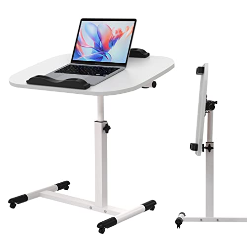 nwixbqoqn 60 x 40 cm Laptoptisch mit Rollen, Beistelltisch Höhenverstellbar 61-95 cm, Mobiler Schreibtisch Computertisch mit 2 Stopp-Leisten & 4 Rollen für Büro, Schlafzimmer, Weiß von nwixbqoqn