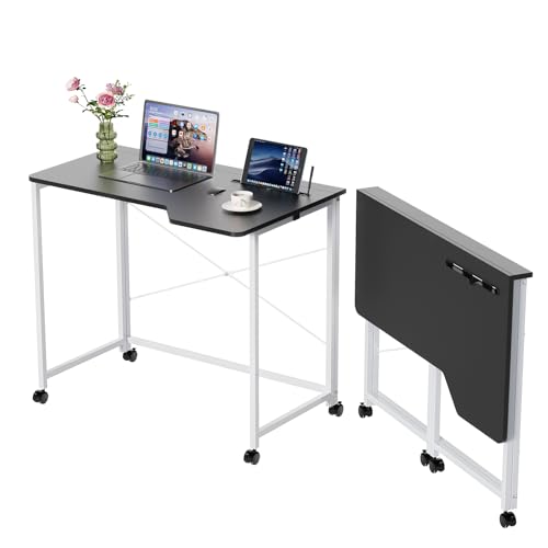 nwixbqoqn Klappbarer Schreibtisch mit Tablet-Schlitz und 4 Rollen, 90x56x75cm, Faltbar Tisch Kleiner Computertisch Klappbarer, Arbeitstisch, Faltbar Tisch Schreibtisch für Arbeit Home Office, Schwarz von nwixbqoqn