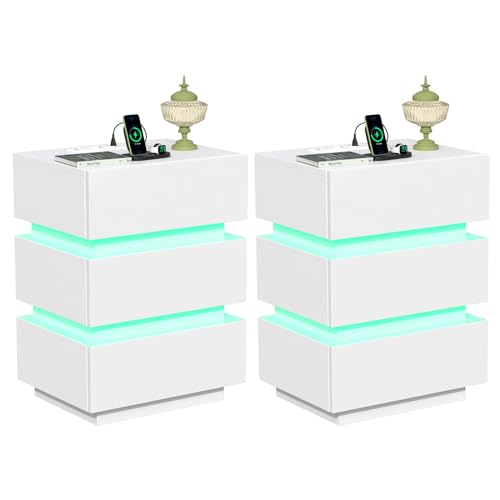 nwixbqoqn LED-Nachttisch, Nachttisch mit 16 Lichtfarben, 3 Schubladen, Nachttisch mit Steckdose und USB-Anschluss, Beistelltisch für Schlafzimmer, Wohnzimmer, 45 x 35 x 61 cm, Weiß von nwixbqoqn