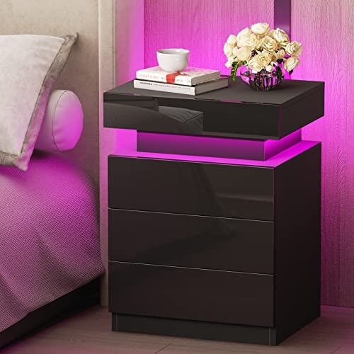 nwixbqoqn LED-Nachttisch mit 3 Schubladen, 16 Lichtfarben, Nachttisch mit Steckdose und USB-Anschluss, Beistelltisch für Schlafzimmer, Wohnzimmer, 45 x 35 x 61 cm, Schwarz von nwixbqoqn