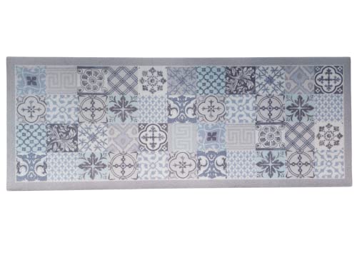 oKu-Tex Fußmatte | Schmutzfangmatte, Küchenläufer | Mosaik Muster Kacheln Kariert | Waschbar | Türvorleger für innen | rutschfest |grau/hellblau | 45 x 75 cm von oKu-Tex