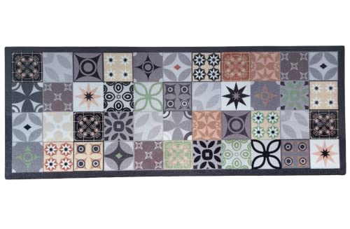 oKu-Tex Fußmatte | Schmutzfangmatte, Küchenläufer | Mosaik Muster Kacheln Kariert | Waschbar | Türvorleger für innen | rutschfest |anthrazit/grün | 45 x 120 cm von oKu-Tex