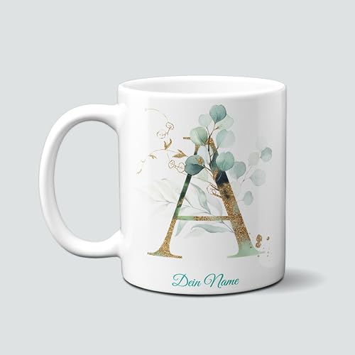 online-hut - Tasse - Kaffeetasse - Kaffeebecher - Monogrammtasse A-Z - Lieblingstasse - personalisierbar - Dein Name - Eucalyptus/Gold - NT-118-2 (A) von online-hut