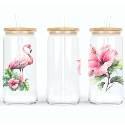 online-hut - Trinkglas - Longdrink Glas - Becher aus Glas inkl. Deckel und Strohhalm - mit Flamingo und Hibiskus Design - A-TB-04-1 (Transparent) von online-hut
