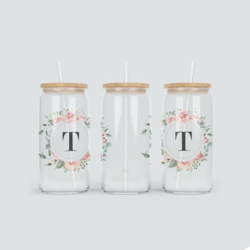 online-hut - Trinkglas - Longdrink Glas - Becher aus Glas inkl. Deckel und Strohhalm - mit Monogramm A-Z und Blumenkranz - Rosa - Geschenkidee - BNT-113 (T) von online-hut