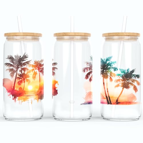 online-hut - Trinkglas - Longdrink Glas - Becher aus Glas inkl. Deckel und Strohhalm - mit Palmen - A-SB-04-1 (Transparent) von online-hut