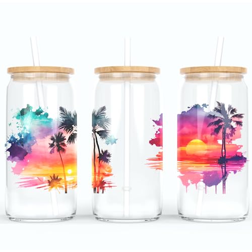 online-hut - Trinkglas - Longdrink Glas - Becher aus Glas inkl. Deckel und Strohhalm - mit Sonnenaufgang und Palmen - A-SB-01-1 (Transparent) von online-hut