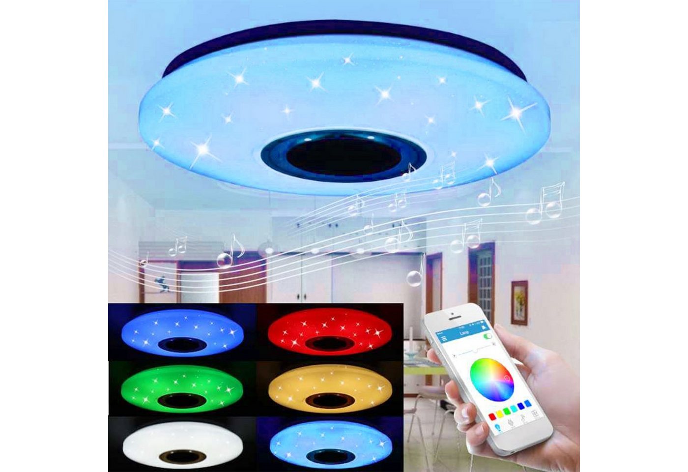 oyajia Deckenleuchte 36W RGB LED Deckenleuchte mit Bluetooth Lautsprecher, APP Dimmbare, LED fest integriert, RGB Farbwechsel (3000~6500K), Deckenlampe Dimmbar mit Fernbedienung oder APP, RGB Deckenleuchte von oyajia