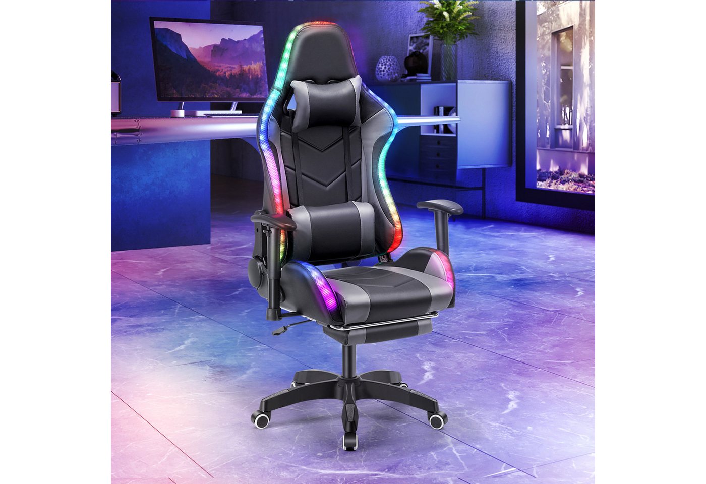 LETGOSPT Gaming Chair Ergonomischer Gaming-Stuhl PC Stuhl Drehstuhl, Höhenverstellbar 140cm, mit Verbindung Armlehnen, Verstellbarer Lordosenstütze und Kopfstütze von LETGOSPT