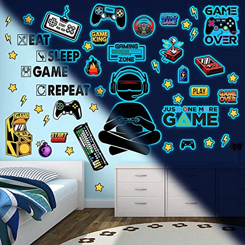 Leuchtende Gaming Wandsticker Selbstklebend Spiel Wandtattoo Kinderzimmer für Glühen im Dunkeln Aufkleber Gamer Leuchtsticker Wandtattoo für Junge Kinderzimmer Schlafzimmer Geschenke Blau von palasasa