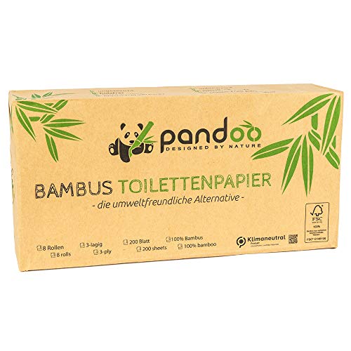 pandoo 100% Bambus-Toilettenpapier | Holzfreies WC-Papier in plastikfreier Verpackung, Bambus Klopapier | 3-lagig und kuschelweich | 12 x 8 Rollen á 200 Blatt (96 Rollen) von pandoo