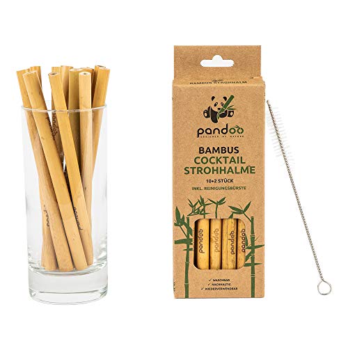 pandoo 12er-Pack Cocktail-Strohhalme aus 100% Bambus inklusive Reinigungsbürste | Wiederverwendbare & umweltfreundliche Trinkhalme | 100% biologisch abbaubar Natur von pandoo