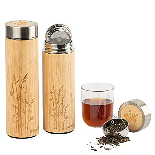 pandoo Bambus Thermobecher - doppelwandige Thermoflasche, Reisebecher, Teebereiter, Teeflasche, Trinkflasche mit Edelstahl Teesieb- BPA-frei - Tea to-go von pandoo