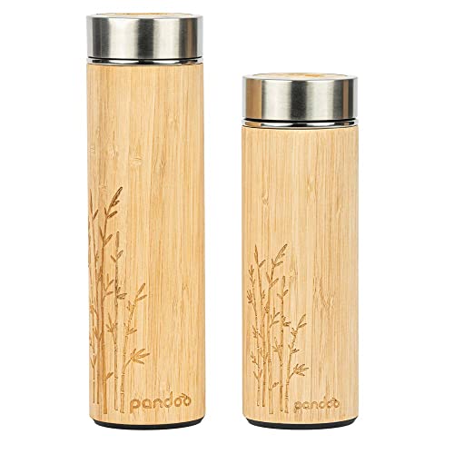 pandoo Bambus Thermobecher - doppelwandige Thermoflasche, Reisebecher, Teebereiter, Teeflasche, Trinkflasche mit Edelstahl Teesieb- BPA-frei - Tea to-go von pandoo