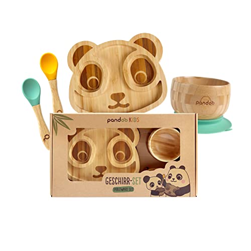pandoo Kindergeschirr Set aus Bambus und Silikon Saugnapf | Geschirrset, Taufgeschenk | Esslernbesteck & Babyteller mit Saugnapf | 5-teilig: 1 Teller, 1 Schüssel & 2 Löffel (Panda) von pandoo