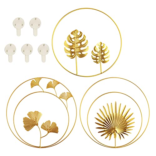 Gold Wanddeko Metall 3D Wandskulpturen 3 Pack mit 5 Bilderhaken, Ginkgo Blatt Kunst Hängen Ornament, Runde Wand Dekoration Wohnzimmer Schlafzimmer Hintergrund Wanddekoration Muttertag Geschenk von panthem