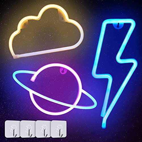 Neonlicht Schild, 3 Stück Blitz Wolke Planet Platz Neonschild Batterie USB Leuchtreklame Neon Schild Licht Neonschilder Light für Schlafzimmer, Spielzimmer, Bar, Party, Kinderzimmer Gaming Schild von panthem