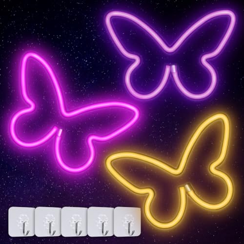 Neonlicht Schild, 3 Stück Rosa Weiß Lila Schmetterling Neonschild Batterie USB Leuchtreklame Butterfly Neon Schild Licht Neonschilder Light für Mädchen Schlafzimmer, Hochzeitsfeier, Kinderzimmer von panthem