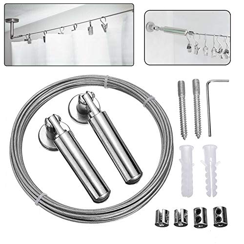 panthem 5M Stainless Steel Curtain Wire with Fixings Set, Picture Hanging Wire Multi-Purpose Set Clothesline Curtain Drape Wire Rod Rope Kit for Hang Photos, Notes, Light and Lamp von panthem